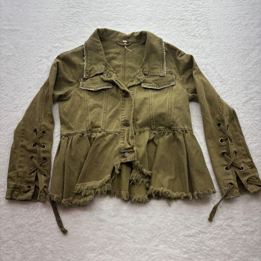 Free People Olive Green Peplum Utility Jacket Lace Up Sleeve Frayed Hem Small